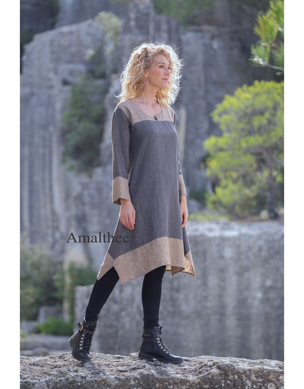 TUNIQUE ELISA BICOLORE  VERSION ROBE GRIS ANTHRACITE/TAUPE  SUR UN JEGGING NOIR OU UN PANTALON BLEU JEAN EN LIN