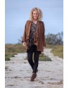 MANTEAU LISE EN LIN LAINE COULEUR CAMEL AVEC DRAPE SUR LE DEVANT AVEC LA  TUNIQUE ALAYA DESTRUCTUREE