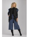 GILET VESTE ALICE SANS MANCHES EN LIN LAINE BICOLORE NOIR ET BLEU INDIGO AVEC PANTALON JUPE CULOTTE COULEUR INDIGO EN LIN EPAIS