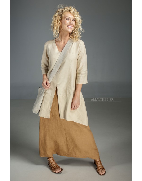 Longue chemise en lin beige sable Emilie avec manches trois quart et sarouel jupe couleur tabacco