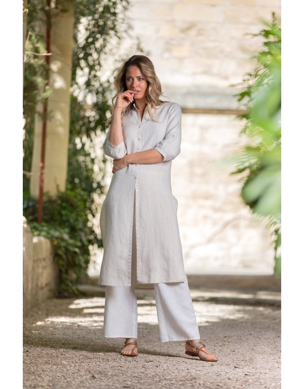 TUNIQUE EN LIN NATUREL FICELLE AYA  SUR PANTALON EN LIN BLANC