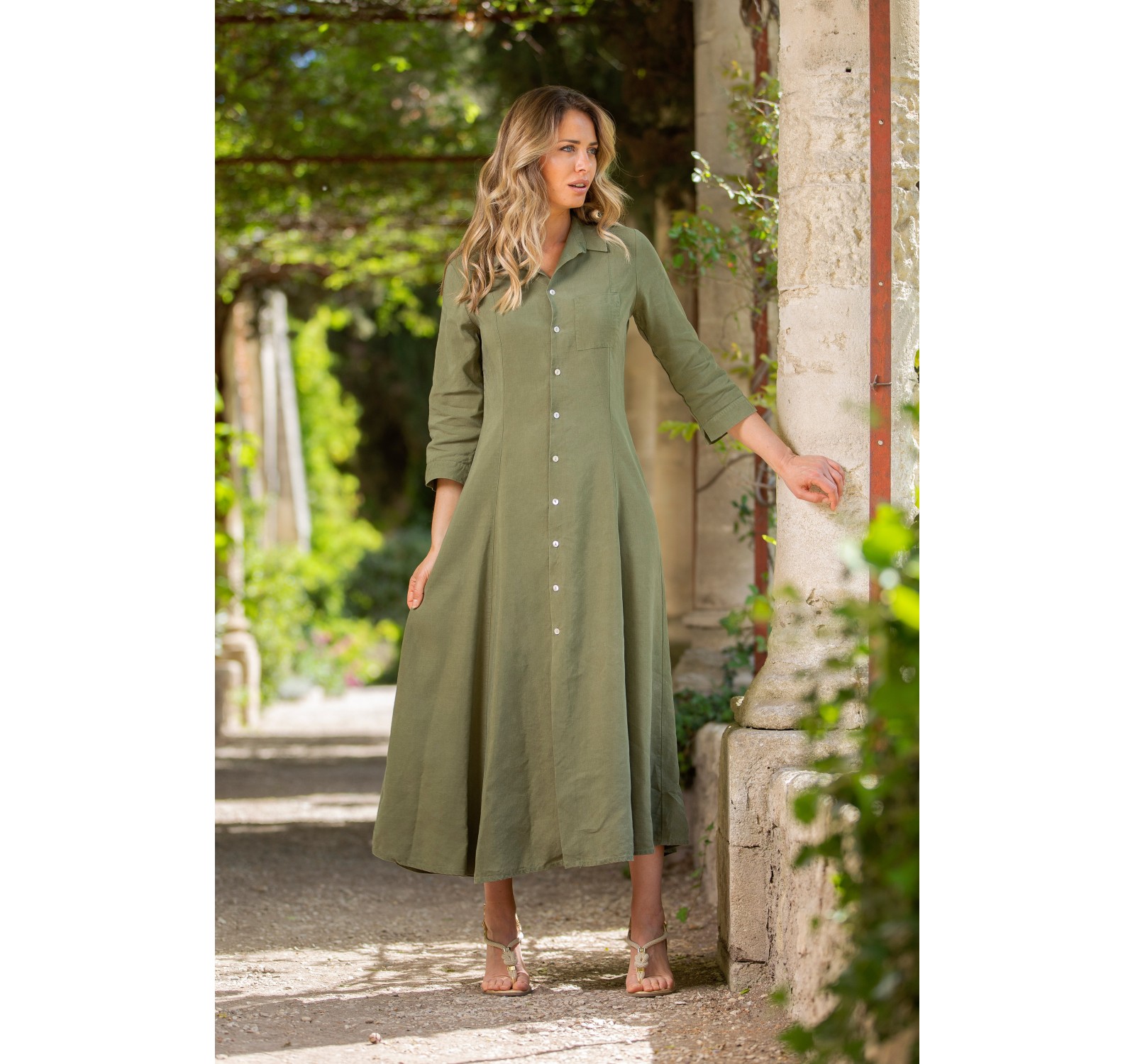 ROBE LONGUE  JADE EN LIN TENCEL VERT KAKI