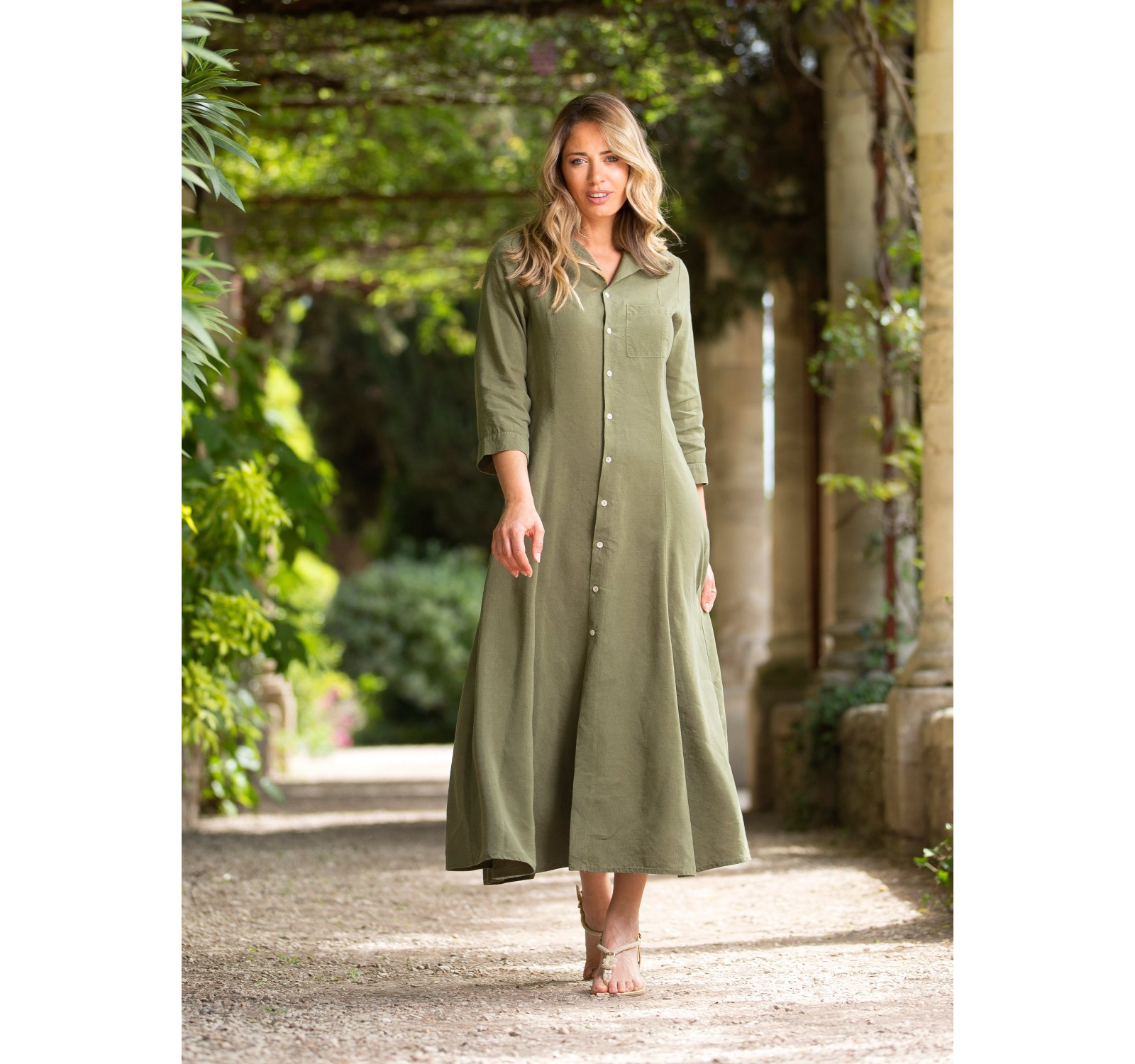 ROBE LONGUE  JADE EN LIN TENCEL VERT KAKI