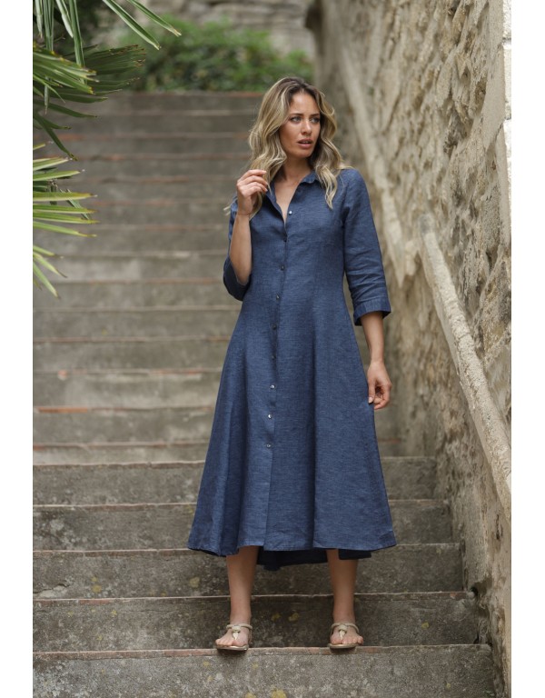 ROBE LONGUE  JADE EN LIN CHAMBRAY BLEU JEAN