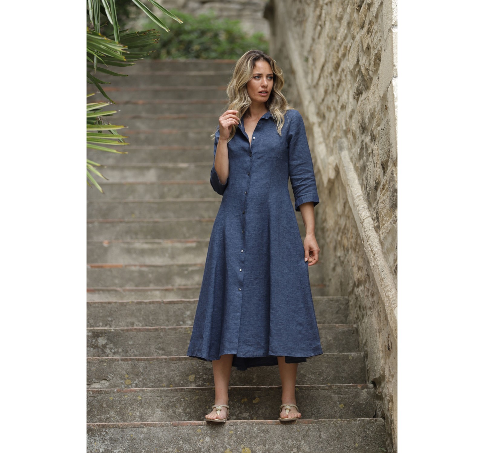 ROBE LONGUE  JADE EN LIN CHAMBRAY BLEU JEAN