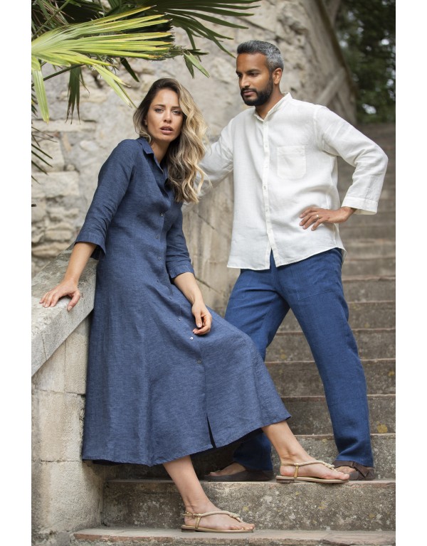 ROBE LONGUE  JADE EN LIN CHAMBRAY BLEU JEAN