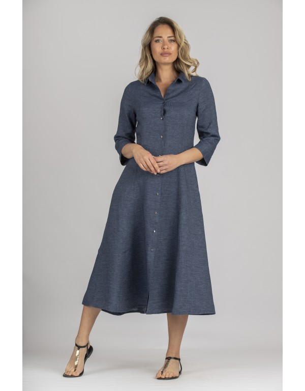 ROBE LONGUE  JADE EN LIN CHAMBRAY BLEU JEAN